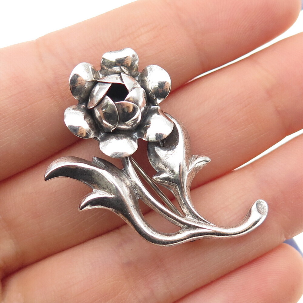 BEAU 925 Sterling Silver Vintage Rose Flower Oxidized Pin Brooch